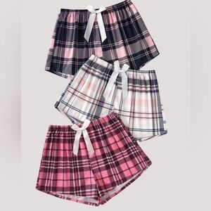 3 Piece Set Plaid Bow Women’s Lounge Pajama Sleep Shorts - Pink/White/Navy Blue